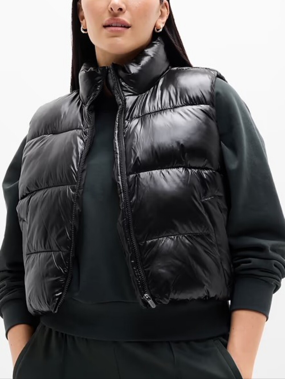 Athleta Black Cropped Puffer Vest - Size L | Fall Winter